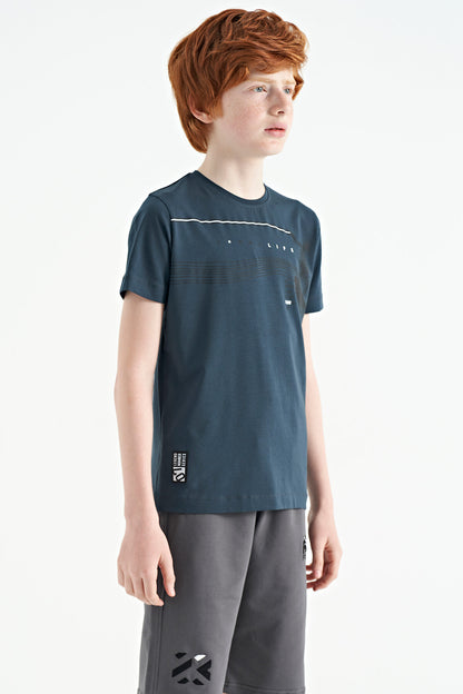Forest Green Print Detailed Standard Fit O Collar Boys T-Shirt - 11133