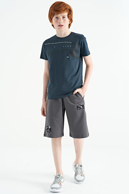 Forest Green Print Detailed Standard Fit O Collar Boys T-Shirt - 11133