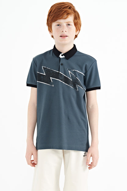 Forest Green Print Detailed Standard Fit Polo Collar Boys' T-Shirt - 11154