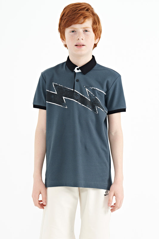 Forest Green Print Detailed Standard Fit Polo Collar Boys' T-Shirt - 11154