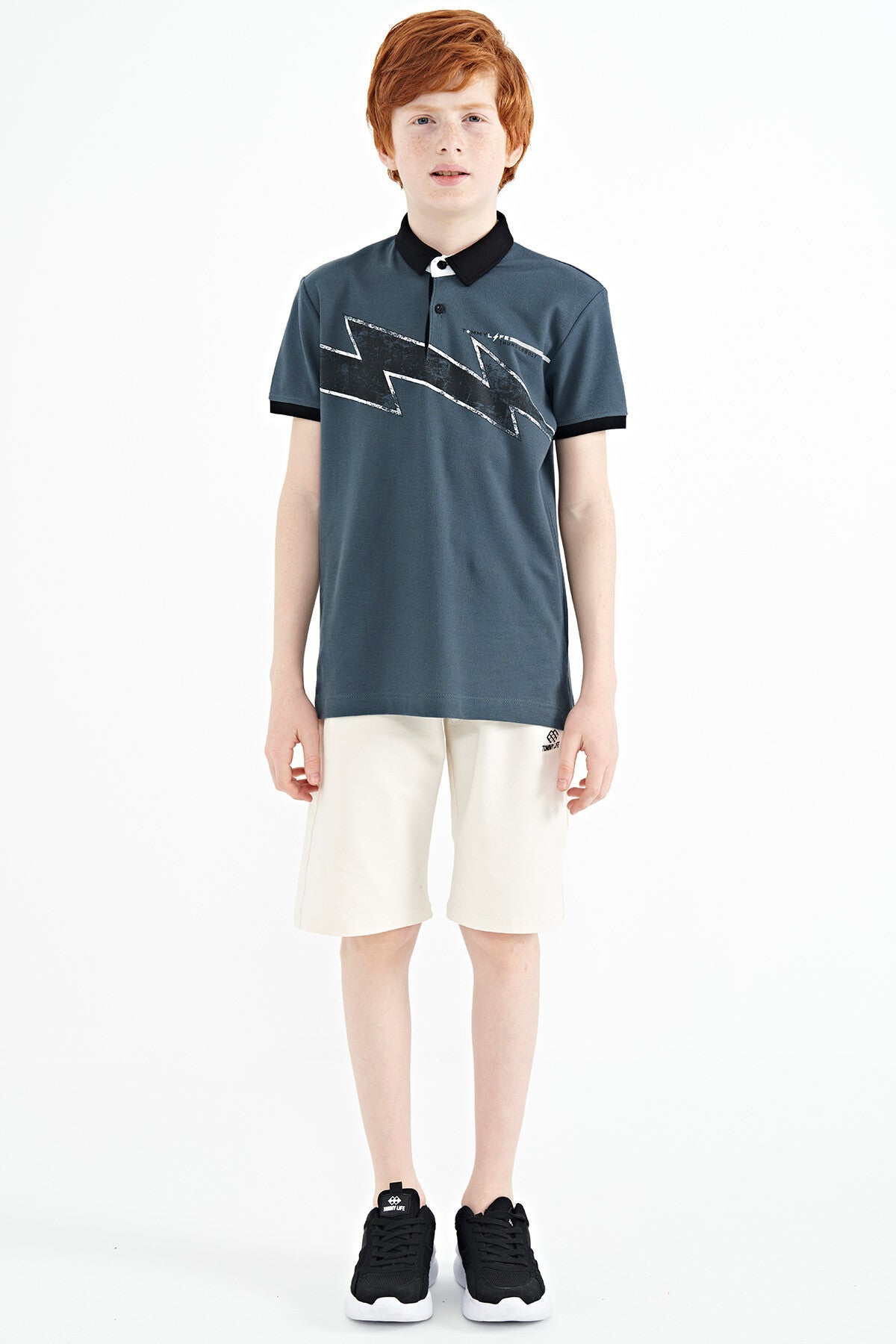 Forest Green Print Detailed Standard Fit Polo Collar Boys' T-Shirt - 11154