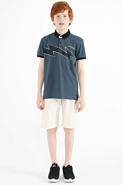 Forest Green Print Detailed Standard Fit Polo Collar Boys' T-Shirt - 11154