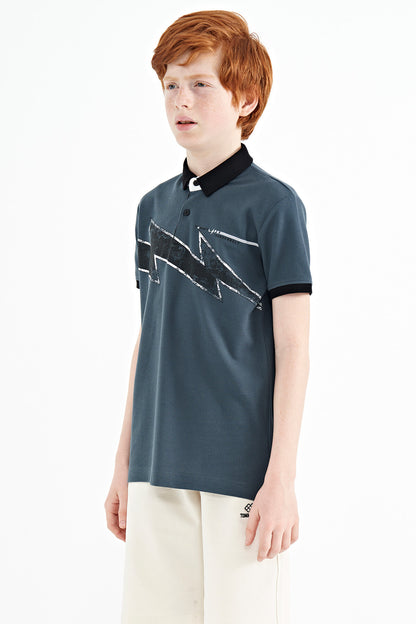 Forest Green Print Detailed Standard Fit Polo Collar Boys' T-Shirt - 11154