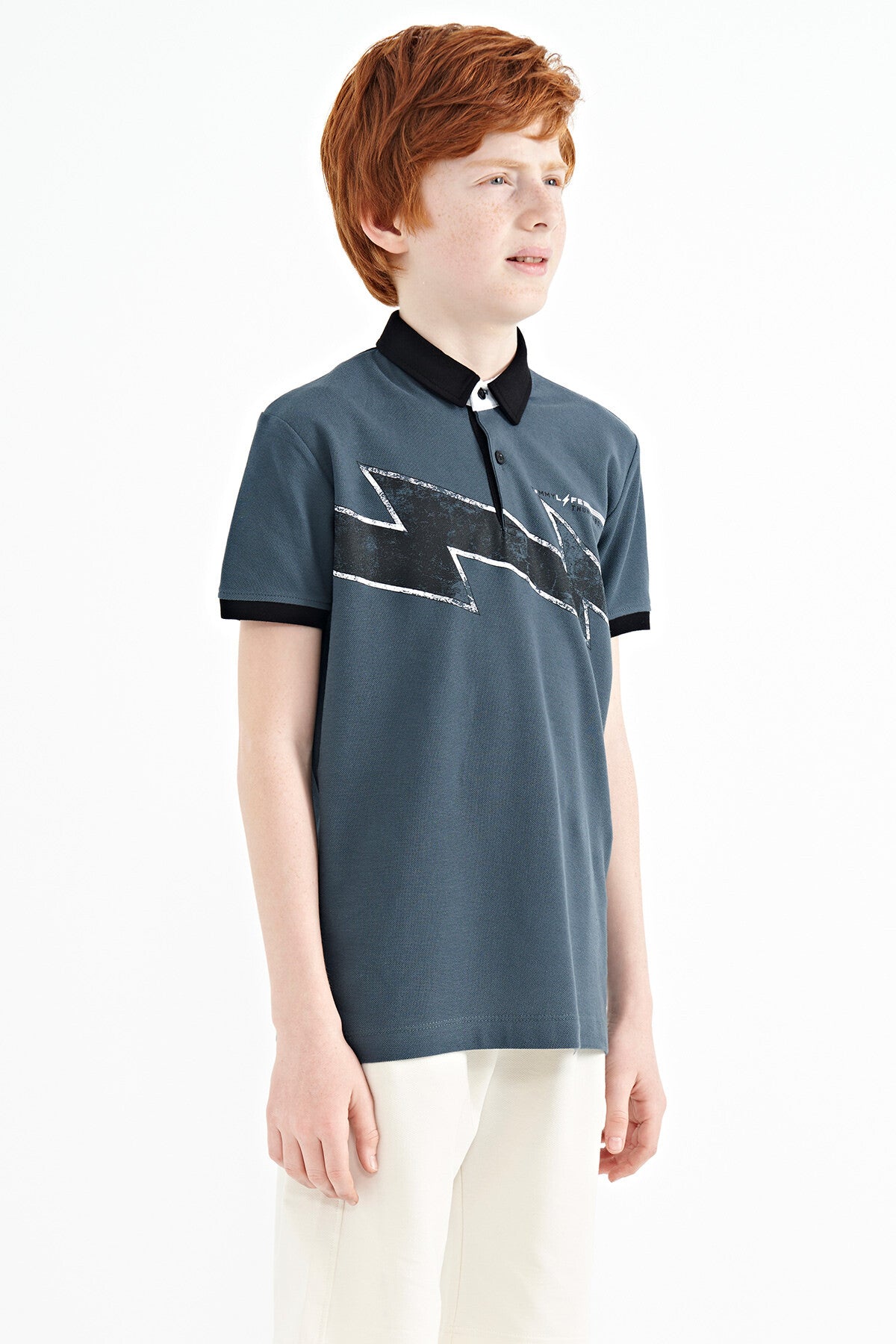 Forest Green Print Detailed Standard Fit Polo Collar Boys' T-Shirt - 11154