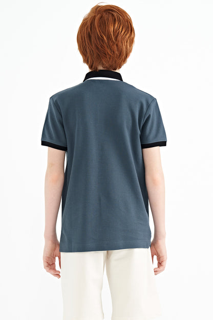 Forest Green Print Detailed Standard Fit Polo Collar Boys' T-Shirt - 11154