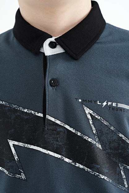 Forest Green Print Detailed Standard Fit Polo Collar Boys' T-Shirt - 11154