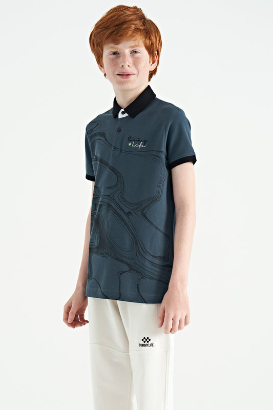 Forest Green Print Detailed Standard Cut Polo Collar Boys T-Shirt - 11165