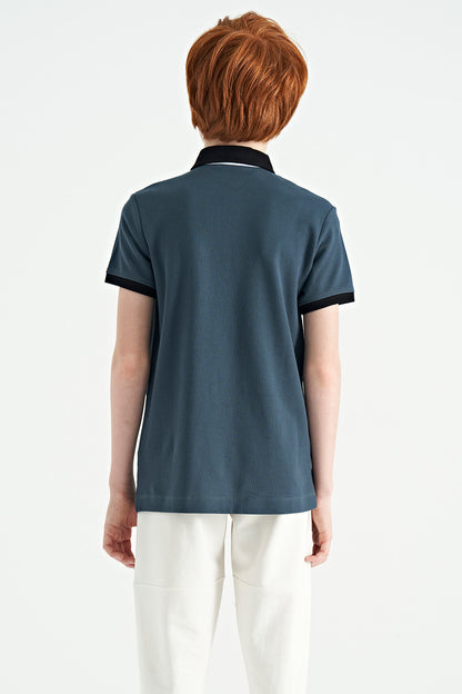Forest Green Print Detailed Standard Cut Polo Collar Boys T-Shirt - 11165