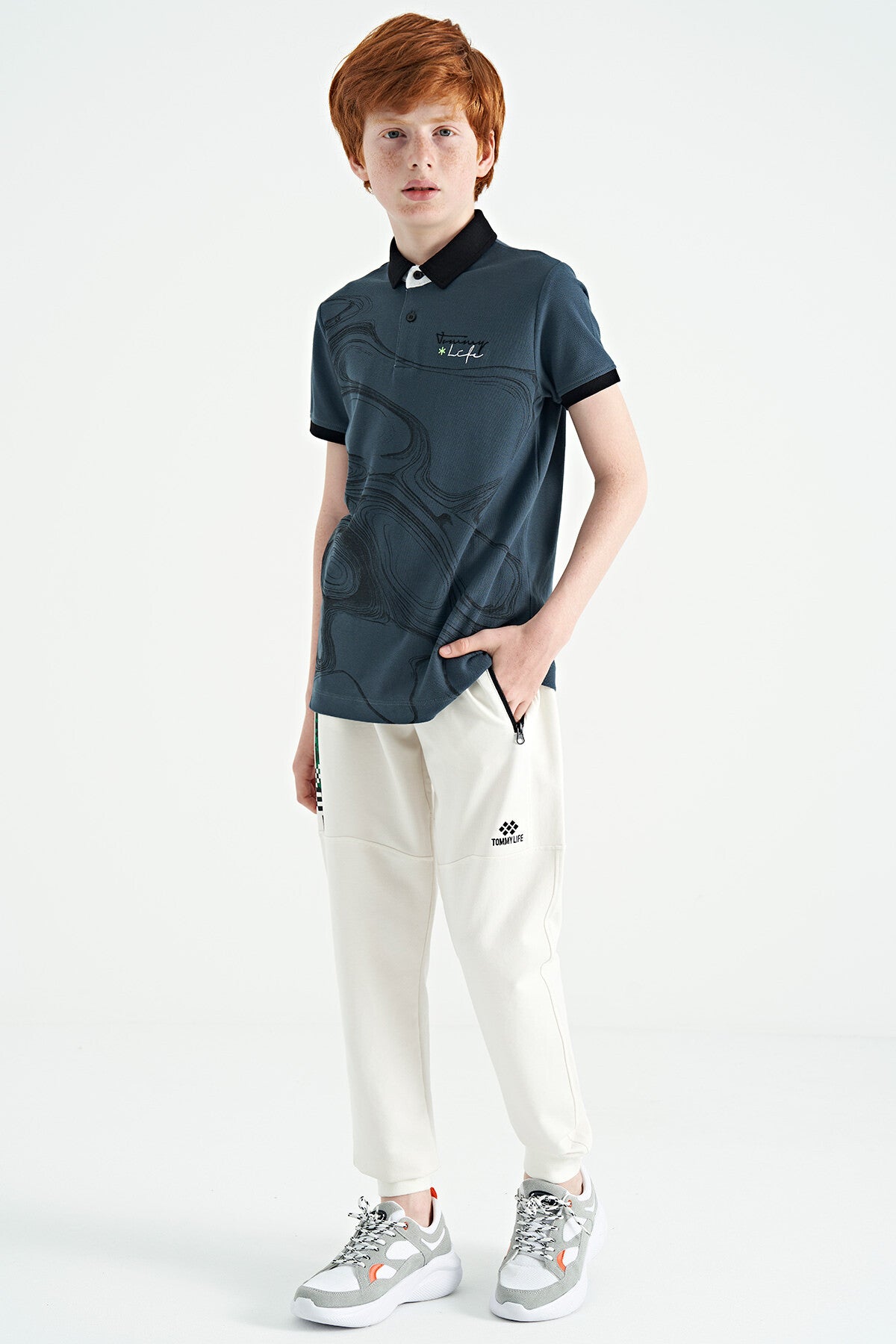 Forest Green Print Detailed Standard Cut Polo Collar Boys T-Shirt - 11165