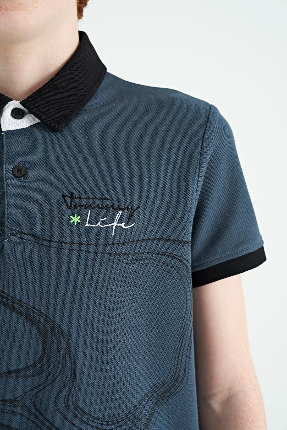 Forest Green Print Detailed Standard Cut Polo Collar Boys T-Shirt - 11165