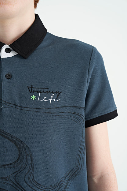 Forest Green Print Detailed Standard Cut Polo Collar Boys T-Shirt - 11165