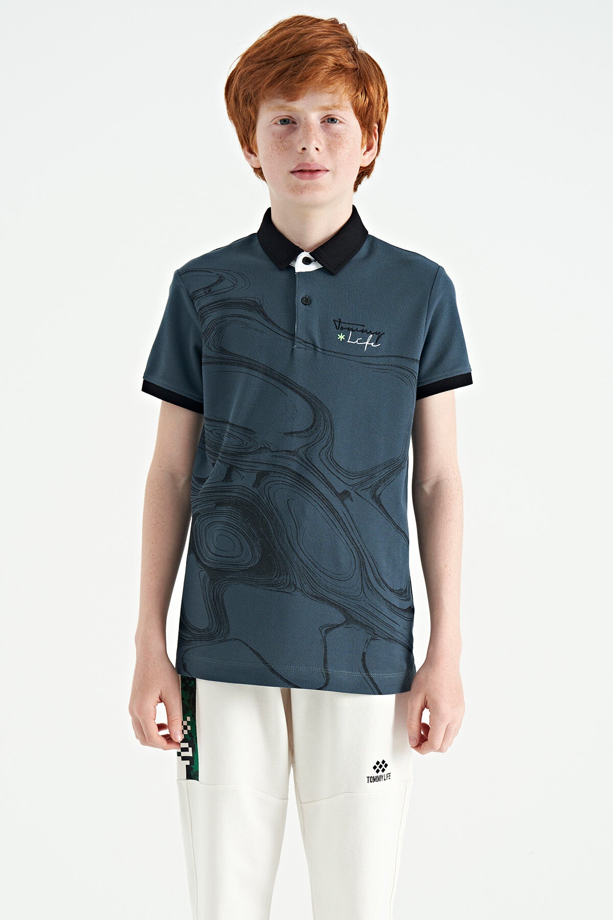 Forest Green Print Detailed Standard Cut Polo Collar Boys T-Shirt - 11165
