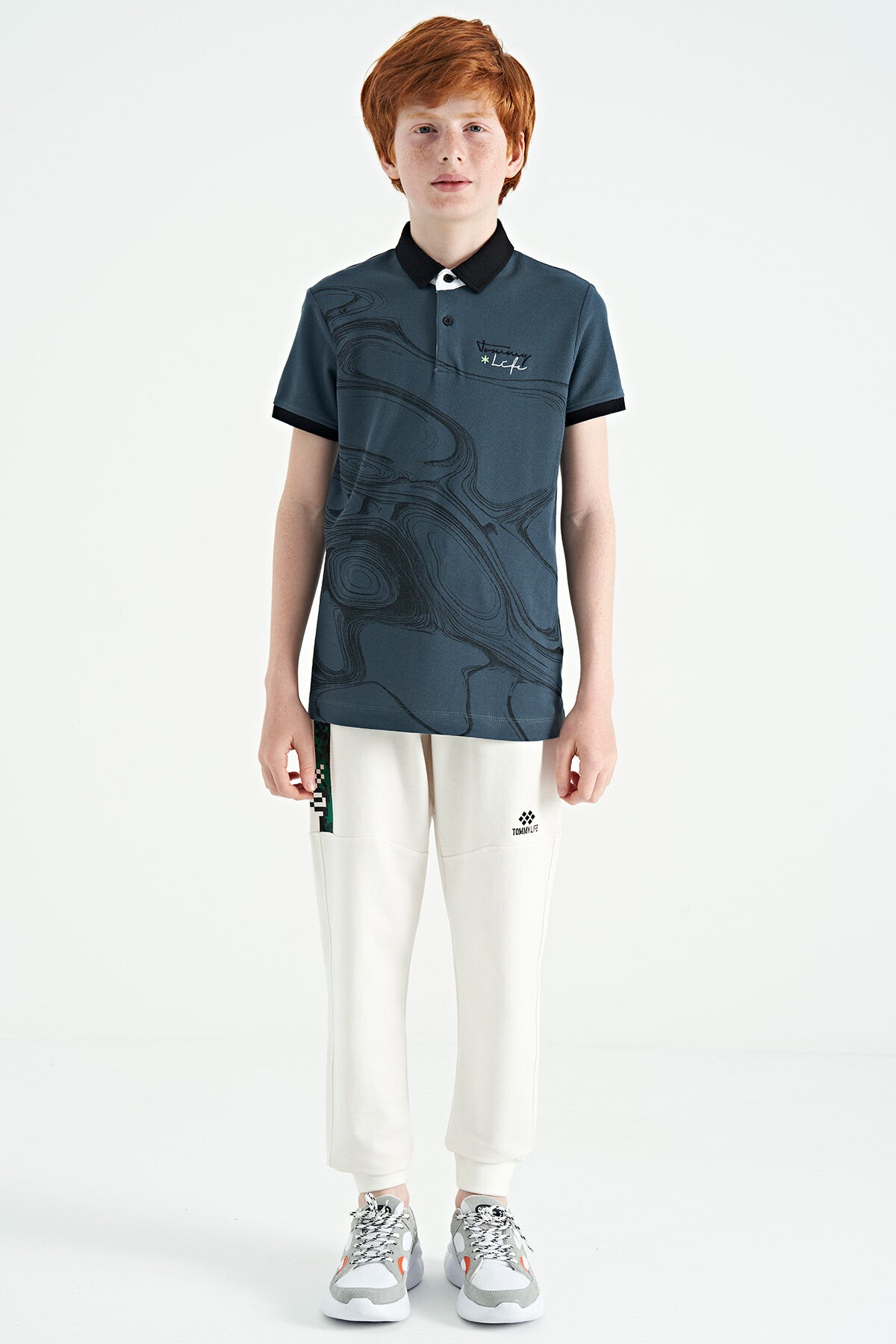Forest Green Print Detailed Standard Cut Polo Collar Boys T-Shirt - 11165