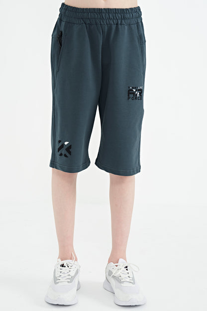 Forest Green Hidden Pocket Detailed Embroidered Pattern Laced Standard Fit Boys' Shorts - 10886