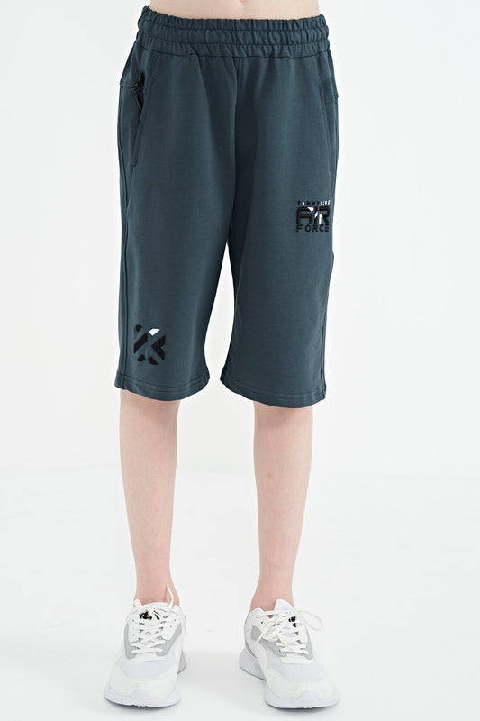 Forest Green Hidden Pocket Detailed Embroidered Pattern Laced Standard Fit Boys' Shorts - 10886