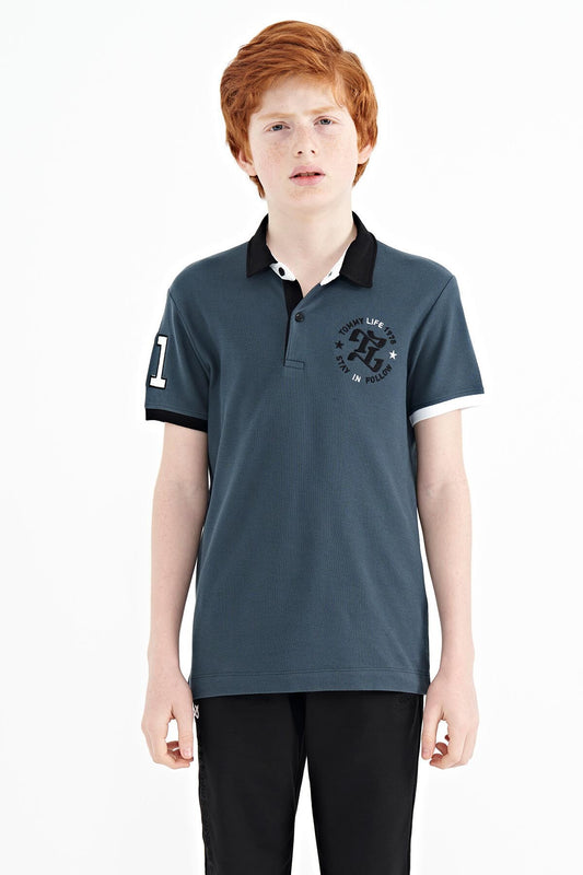 Forest Green Arm Chest Embroidered Standard Cut Polo Collar Boys T-Shirt - 11086