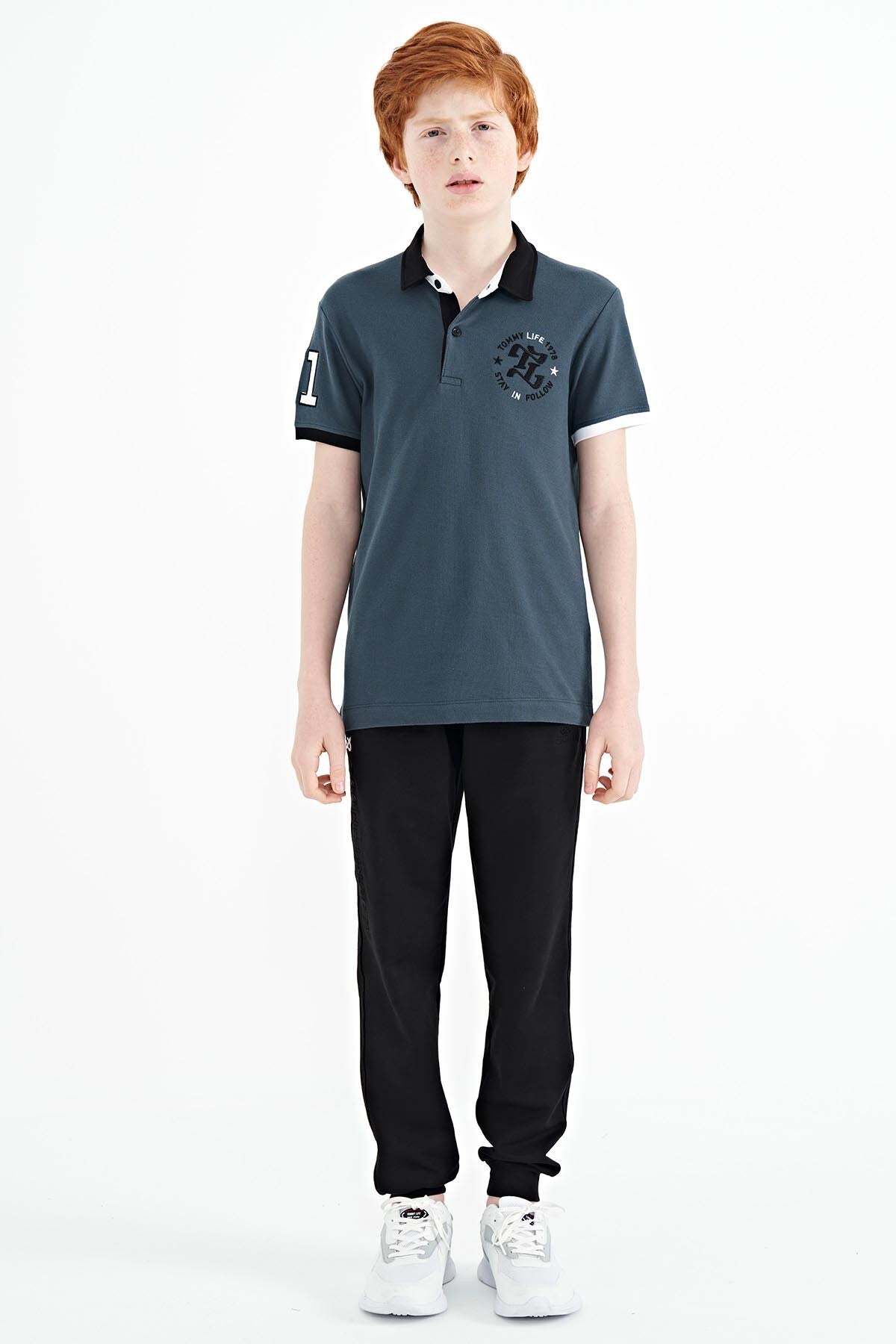 Forest Green Arm Chest Embroidered Standard Cut Polo Collar Boys T-Shirt - 11086