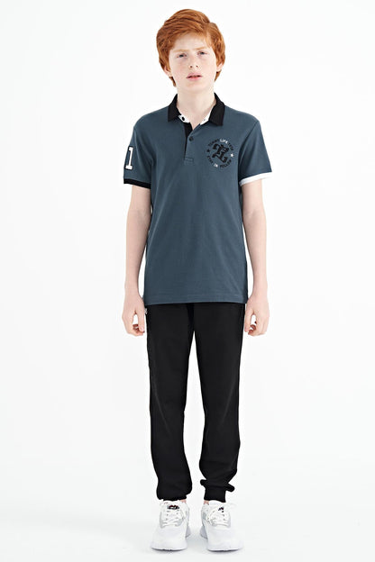 Forest Green Arm Chest Embroidered Standard Cut Polo Collar Boys T-Shirt - 11086