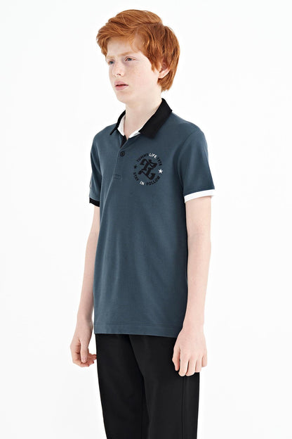 Forest Green Arm Chest Embroidered Standard Cut Polo Collar Boys T-Shirt - 11086