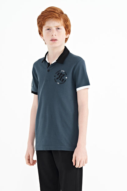 Forest Green Arm Chest Embroidered Standard Cut Polo Collar Boys T-Shirt - 11086