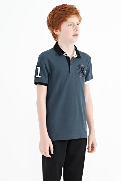 Forest Green Arm Chest Embroidered Standard Cut Polo Collar Boys T-Shirt - 11086
