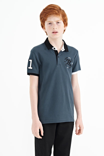 Forest Green Arm Chest Embroidered Standard Cut Polo Collar Boys T-Shirt - 11086