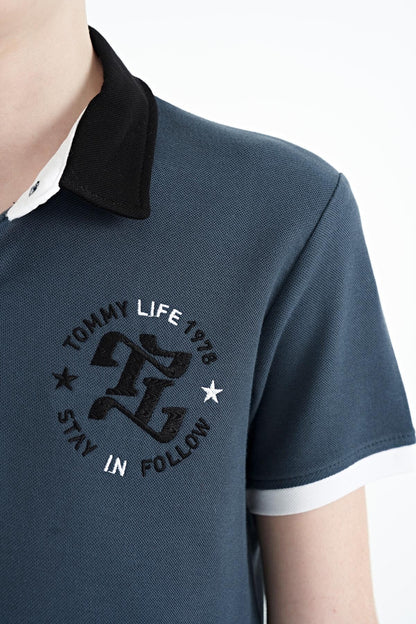 Forest Green Arm Chest Embroidered Standard Cut Polo Collar Boys T-Shirt - 11086