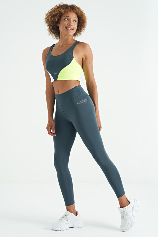 Forest Green Logo Print Detailed High Waist Scuba Fabric Slim Fit Women's Tights - 94627