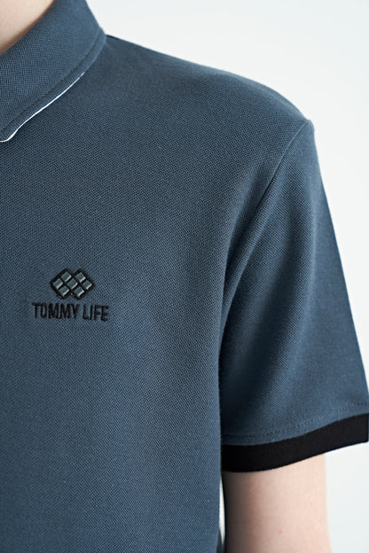 Forest Green Logo Embroidered Standard Fit Polo Collar Boys T-Shirt - 11083