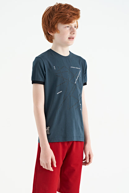 Forest Green Minimal Print Standard Fit O Collar Boys T-Shirt - 11132