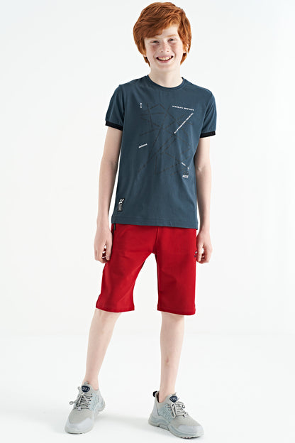 Forest Green Minimal Print Standard Fit O Collar Boys T-Shirt - 11132