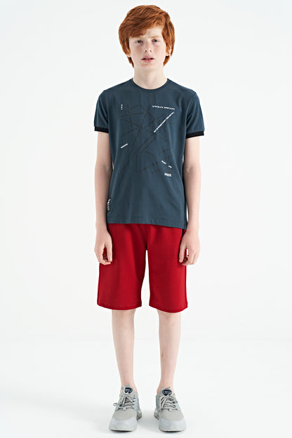 Forest Green Minimal Print Standard Fit O Collar Boys T-Shirt - 11132