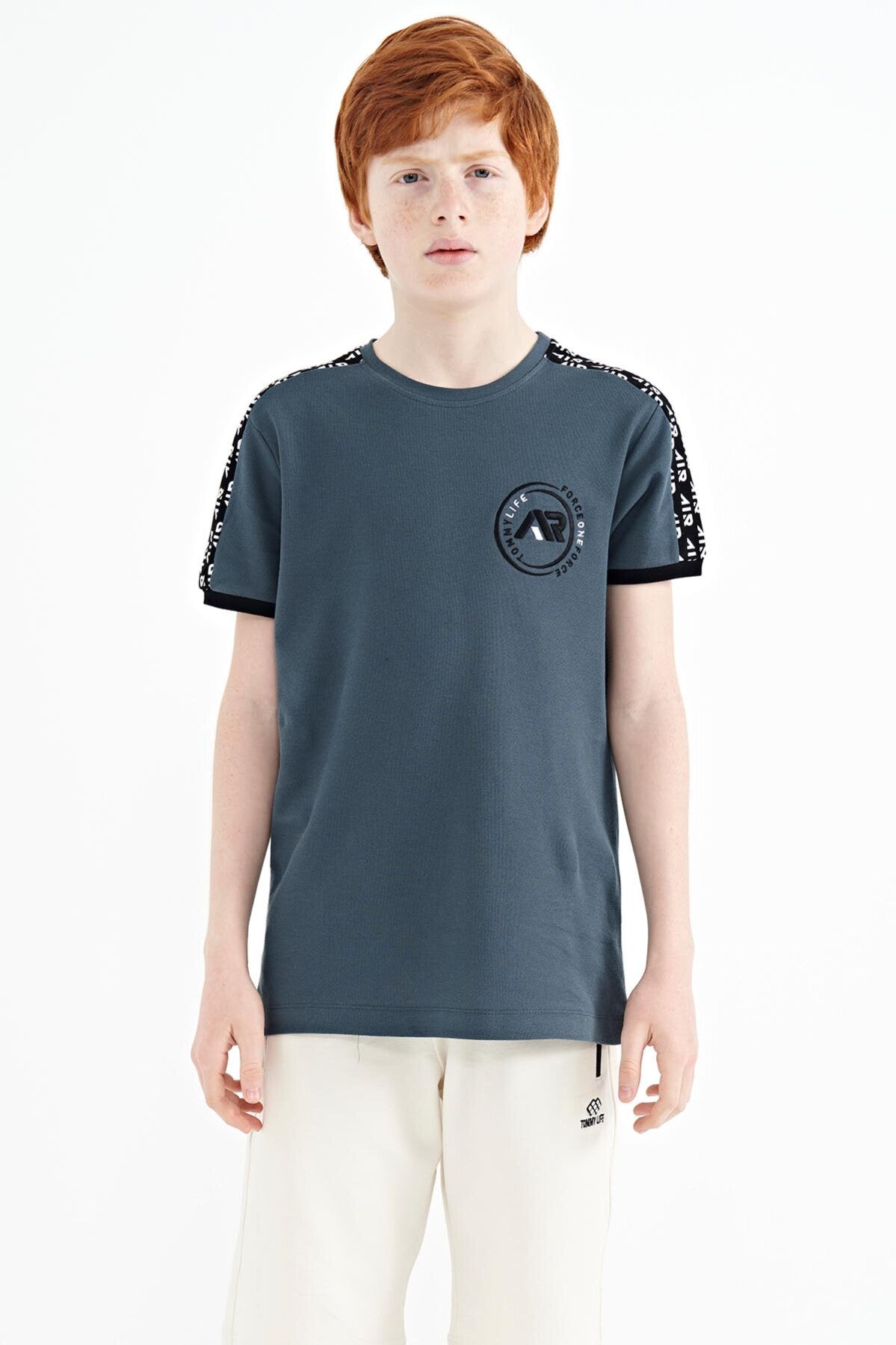 Forest Green Shoulder Print Detailed Standard Fit O Collar Boys T-Shirt - 11121