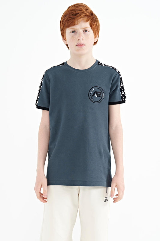 Forest Green Shoulder Print Detailed Standard Fit O Collar Boys T-Shirt - 11121