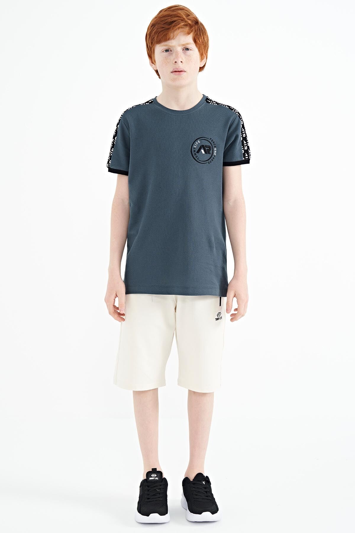 Forest Green Shoulder Print Detailed Standard Fit O Collar Boys T-Shirt - 11121