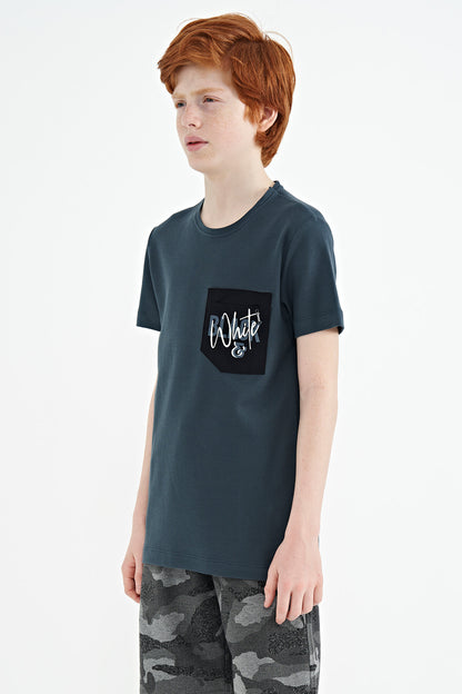 Forest Green Front Pocket Embroidered O Collar Standard Fit Boys' T-Shirt - 11116