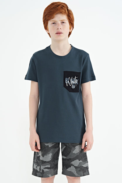 Forest Green Front Pocket Embroidered O Collar Standard Fit Boys' T-Shirt - 11116