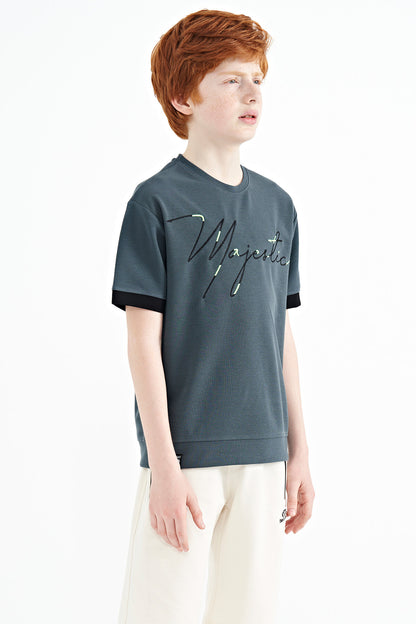 Forest Green Embroidered O Collar Oversize Boys T-Shirt - 11147