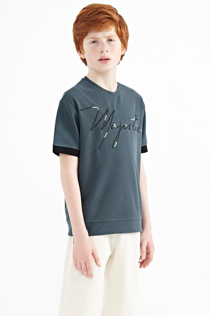 Forest Green Embroidered O Collar Oversize Boys T-Shirt - 11147