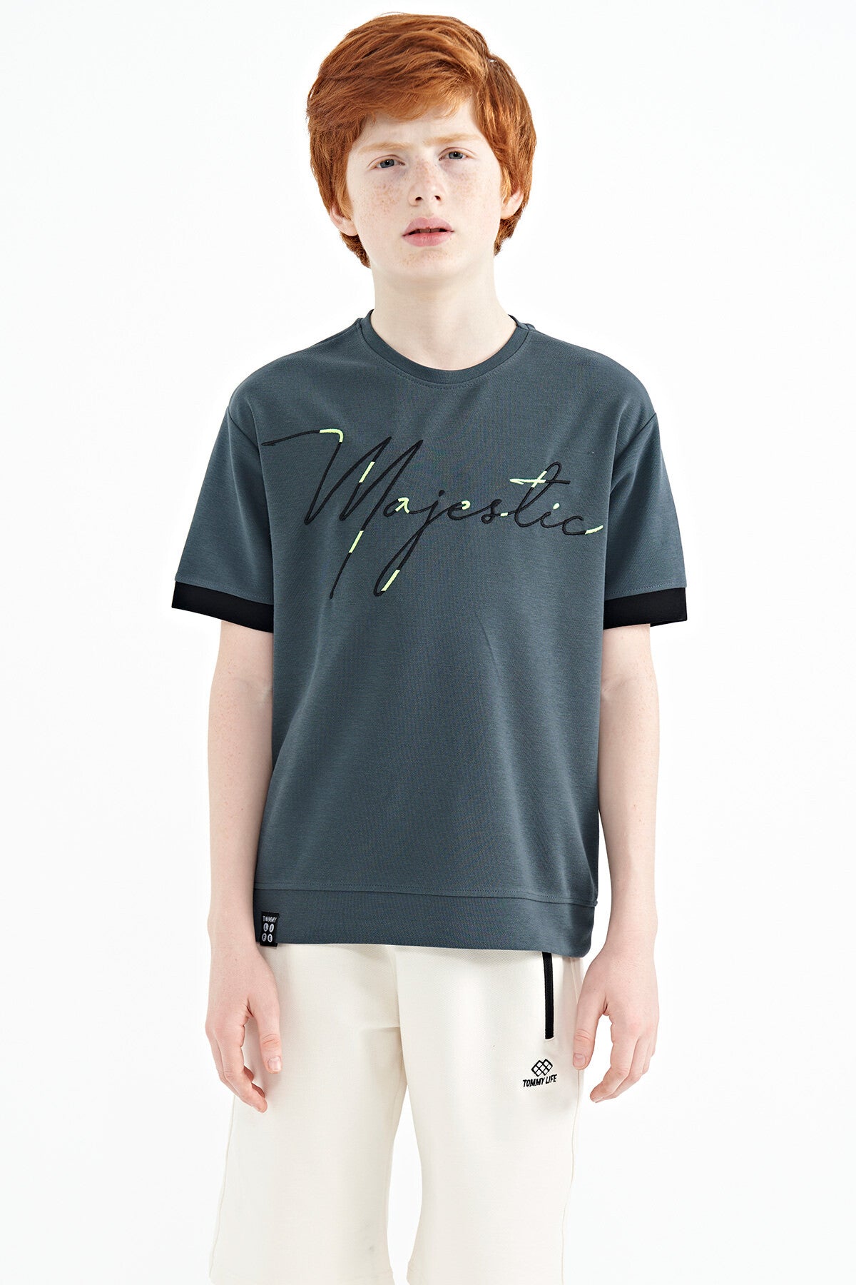 Forest Green Embroidered O Collar Oversize Boys T-Shirt - 11147