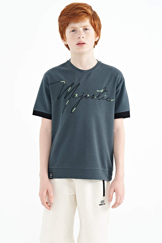 Forest Green Embroidered O Collar Oversize Boys T-Shirt - 11147