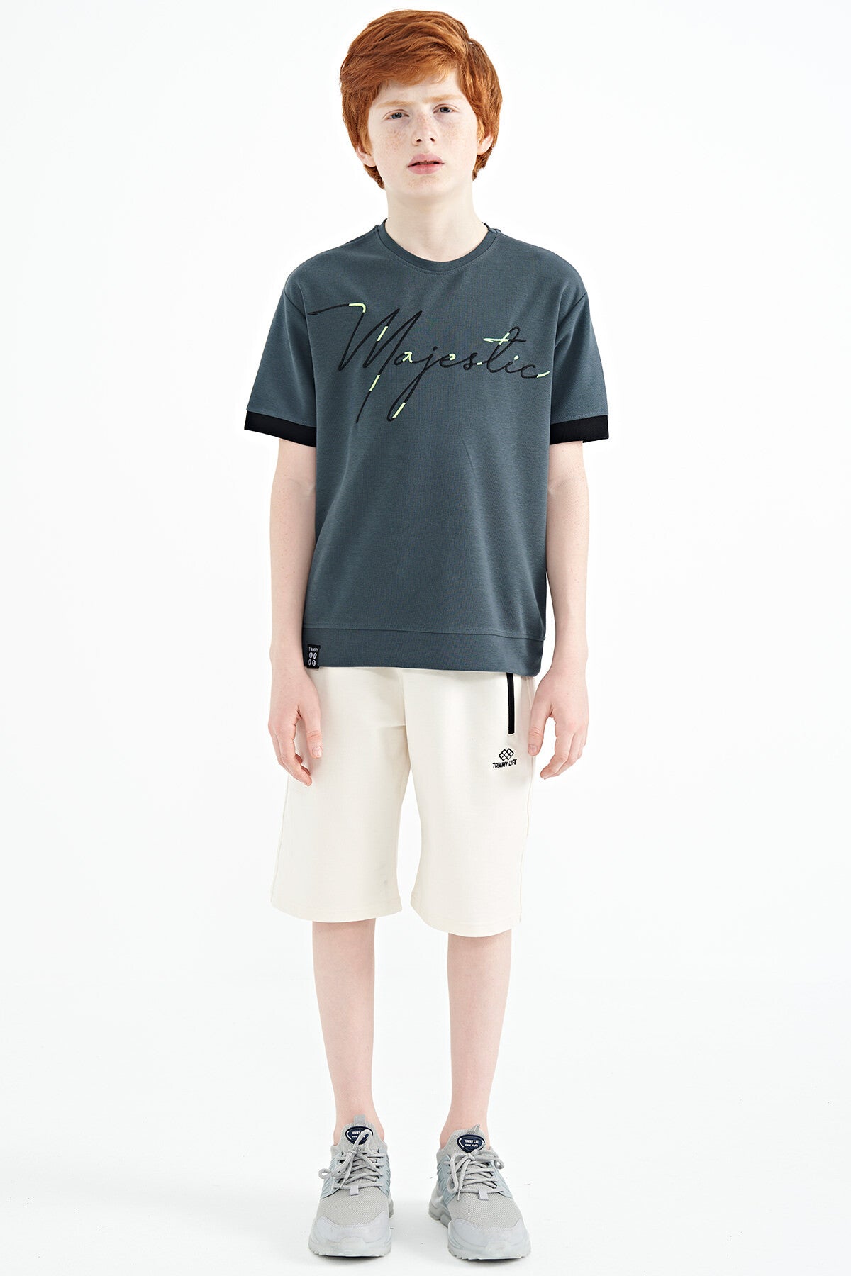 Forest Green Embroidered O Collar Oversize Boys T-Shirt - 11147