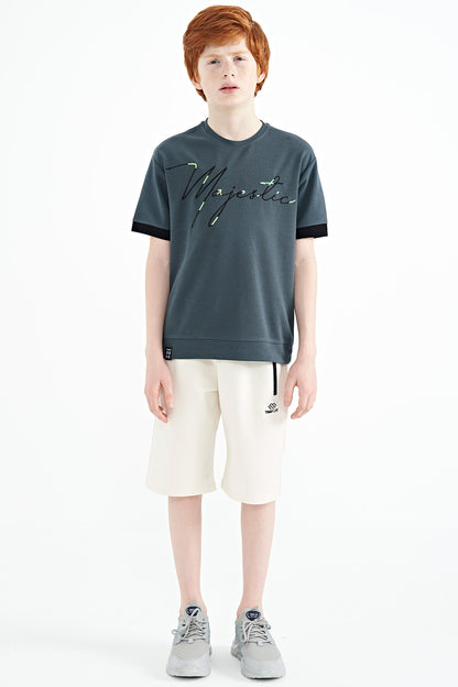 Forest Green Embroidered O Collar Oversize Boys T-Shirt - 11147
