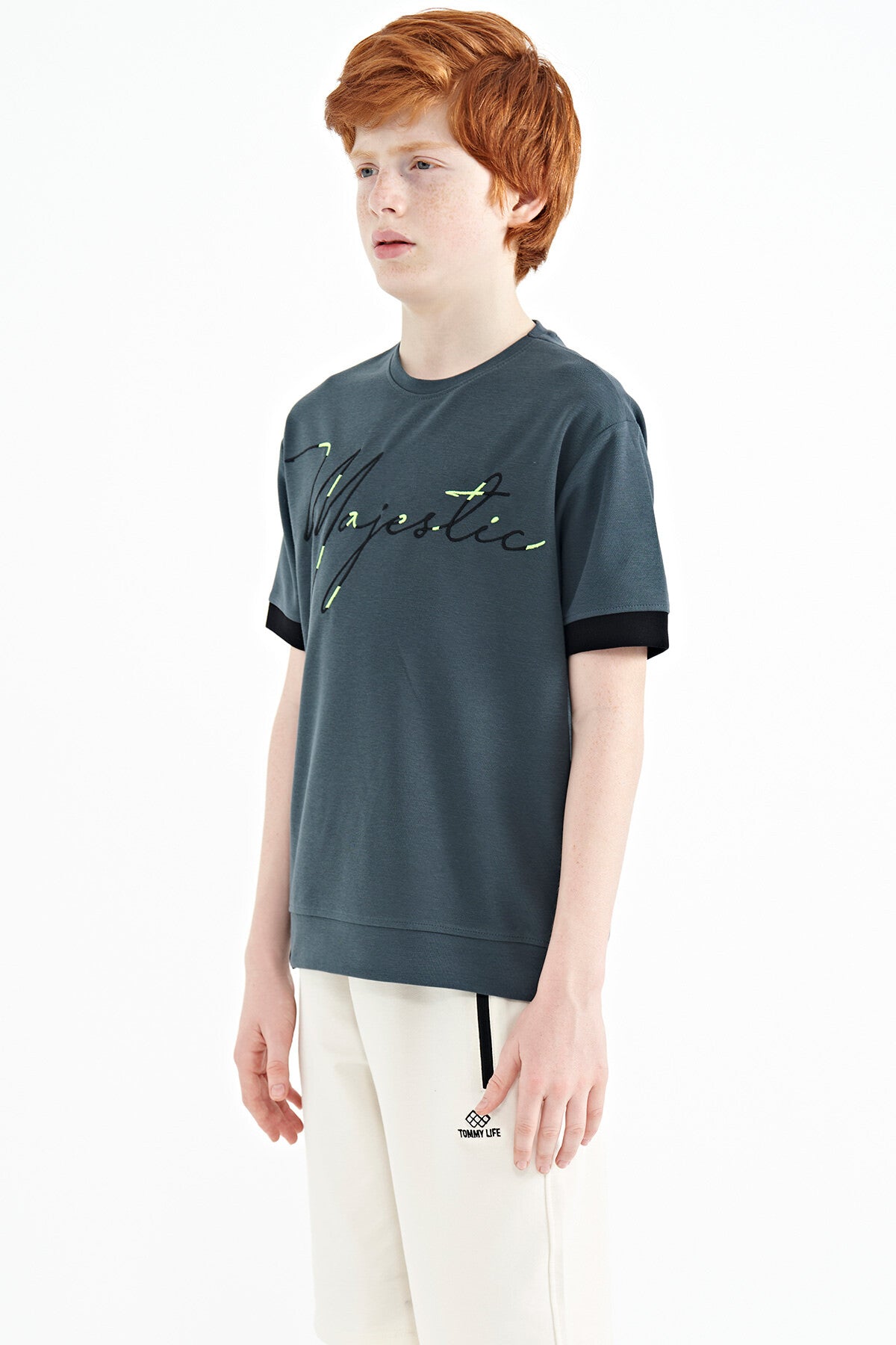 Forest Green Embroidered O Collar Oversize Boys T-Shirt - 11147
