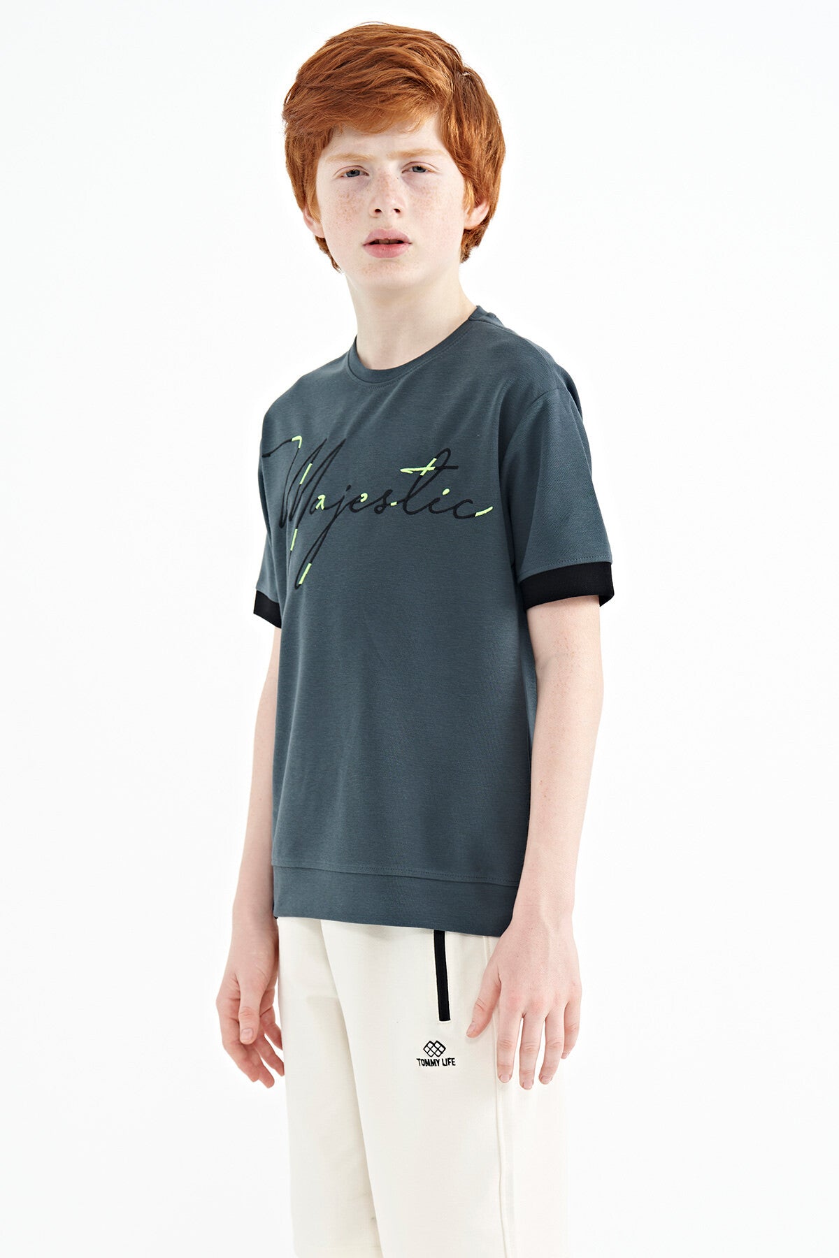 Forest Green Embroidered O Collar Oversize Boys T-Shirt - 11147