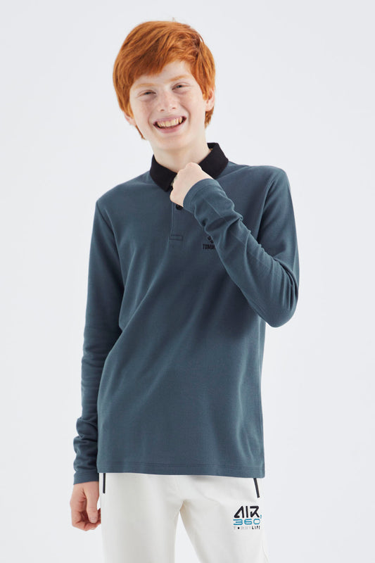 Forest Green Polo Collar Basic Boys' T-Shirt - 11171