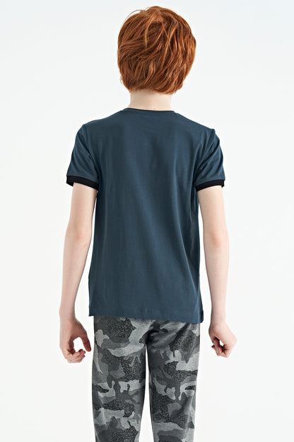 Forest Green Compass Printed Standard Fit O Collar Boys T-Shirt - 11106