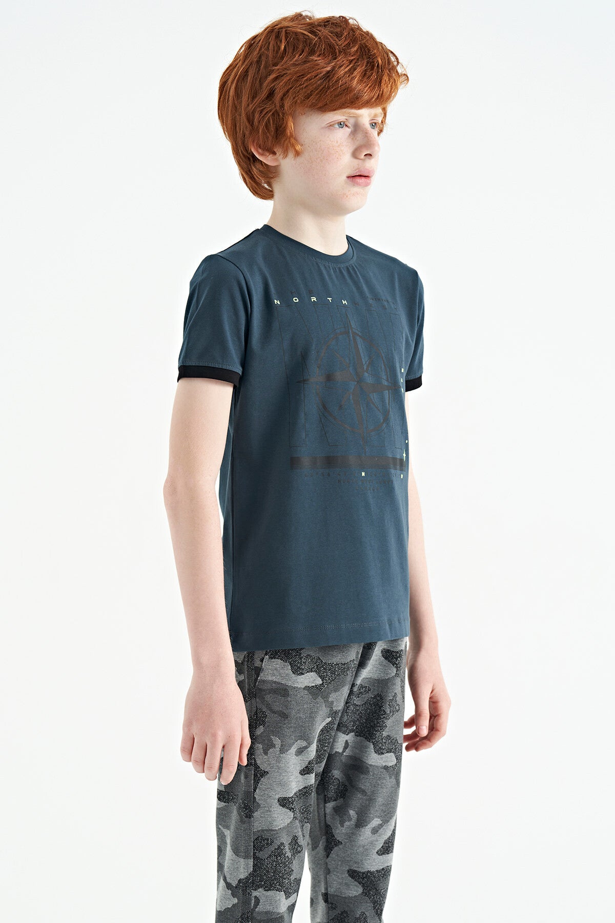 Forest Green Compass Printed Standard Fit O Collar Boys T-Shirt - 11106