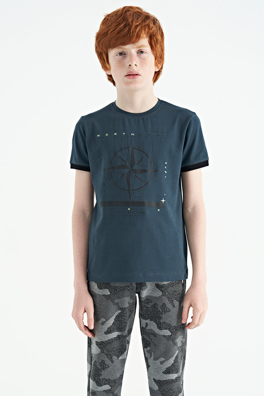 Forest Green Compass Printed Standard Fit O Collar Boys T-Shirt - 11106