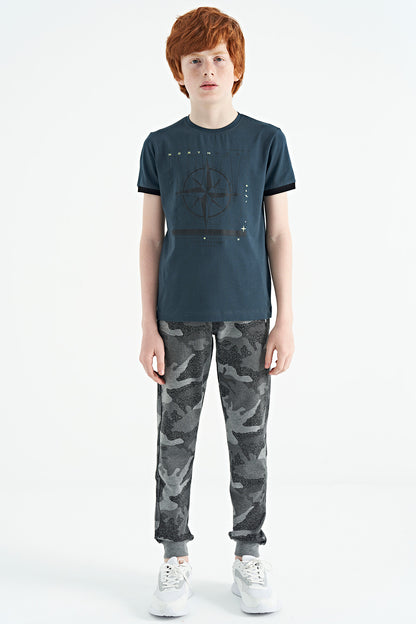 Forest Green Compass Printed Standard Fit O Collar Boys T-Shirt - 11106
